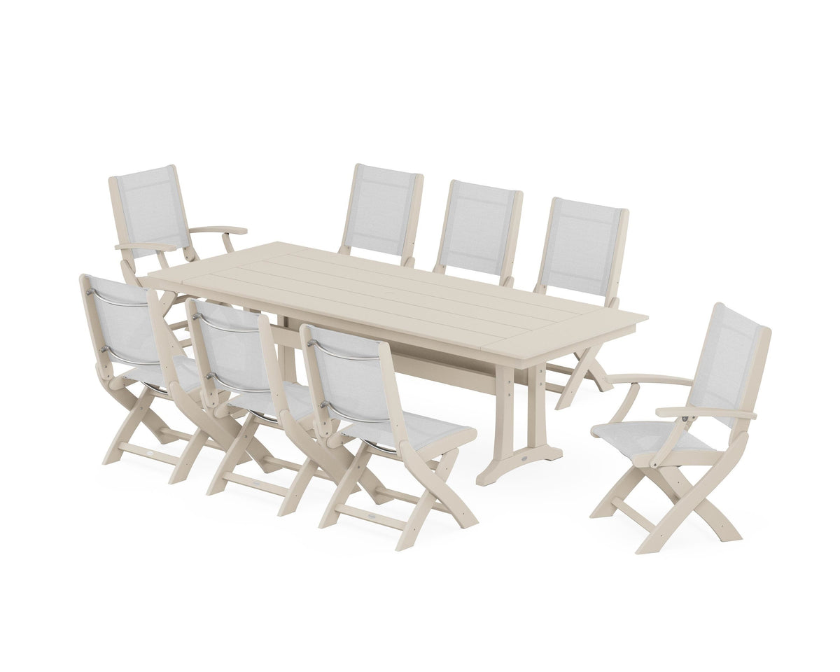 POLYWOOD Coastal 9-Piece Folding Dining Chair Farmhouse Dining Set with Trestle Legs in Sand / White