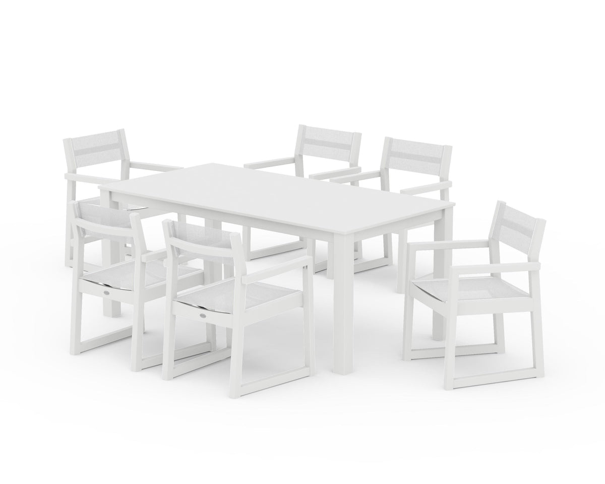 POLYWOOD EDGE Sling Arm Chair 7-Piece Parsons Dining Set in White / White