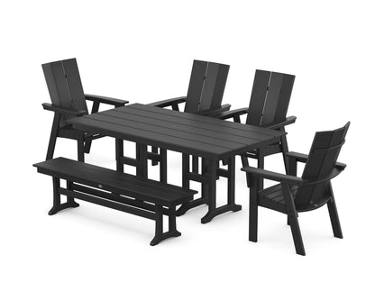 POLYWOOD Modern Curveback Adirondack 6-Piece Farmhouse Dining Set with Bench in Black