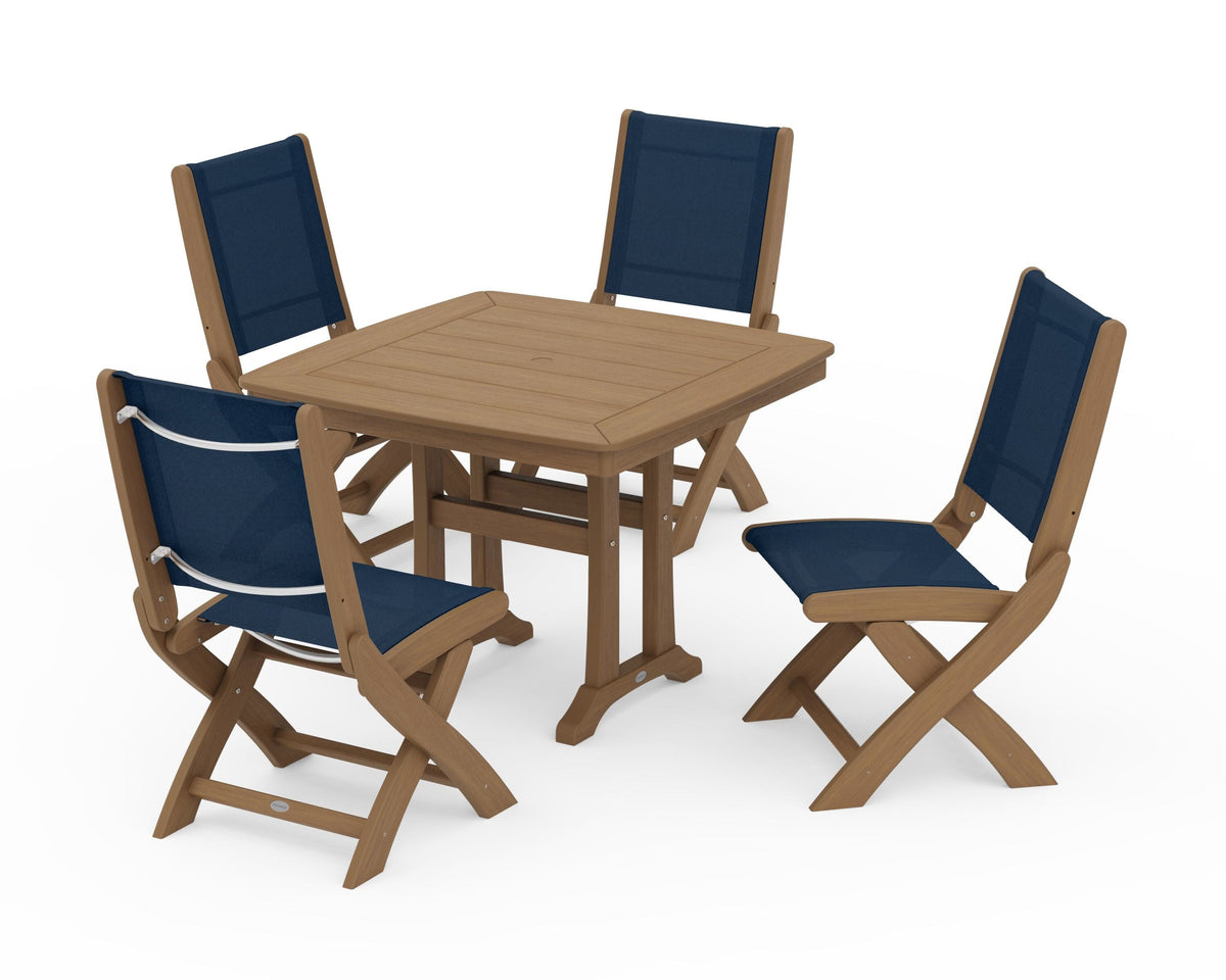 POLYWOOD Coastal Folding Side Chair 5-Piece Dining Set with Trestle Legs in Natural / Navy Blue