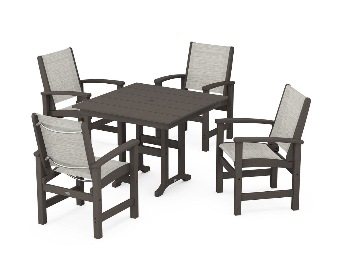 POLYWOOD Coastal 5-Piece Farmhouse Dining Set with Farmhouse 37" Dining Table in Vintage Coffee / Birch