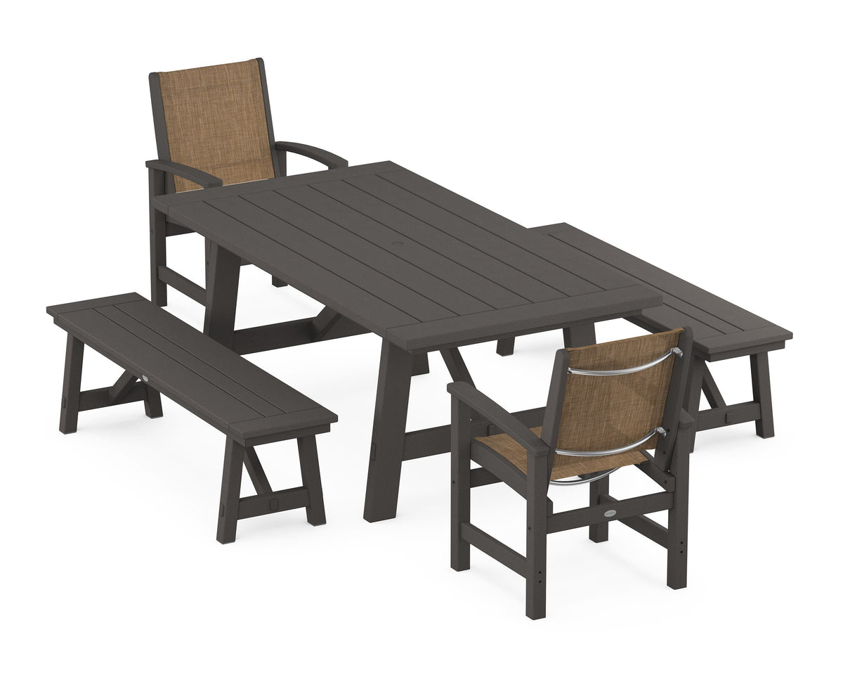 POLYWOOD Coastal 5-Piece Rustic Farmhouse Dining Set With Benches in Vintage Coffee / Burlap