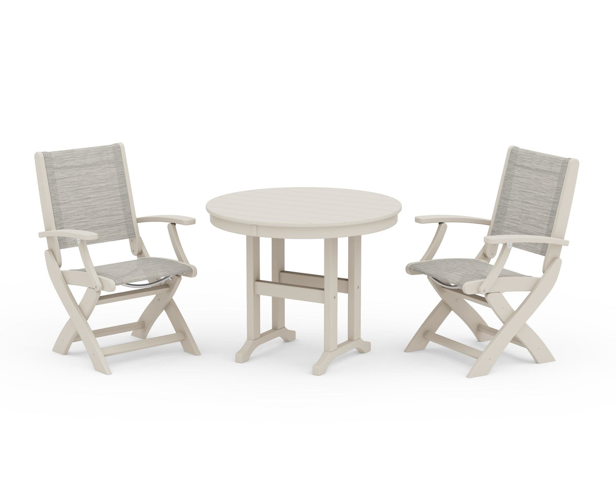 POLYWOOD Coastal Folding Chair 3-Piece Round Dining Set in Sand / Birch