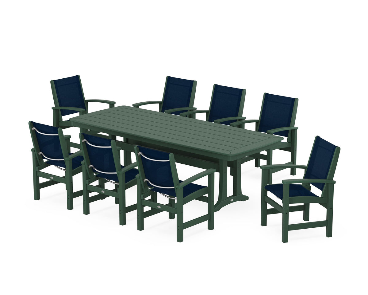 POLYWOOD Coastal 9-Piece Dining Set with Trestle Legs in Green / Navy Blue