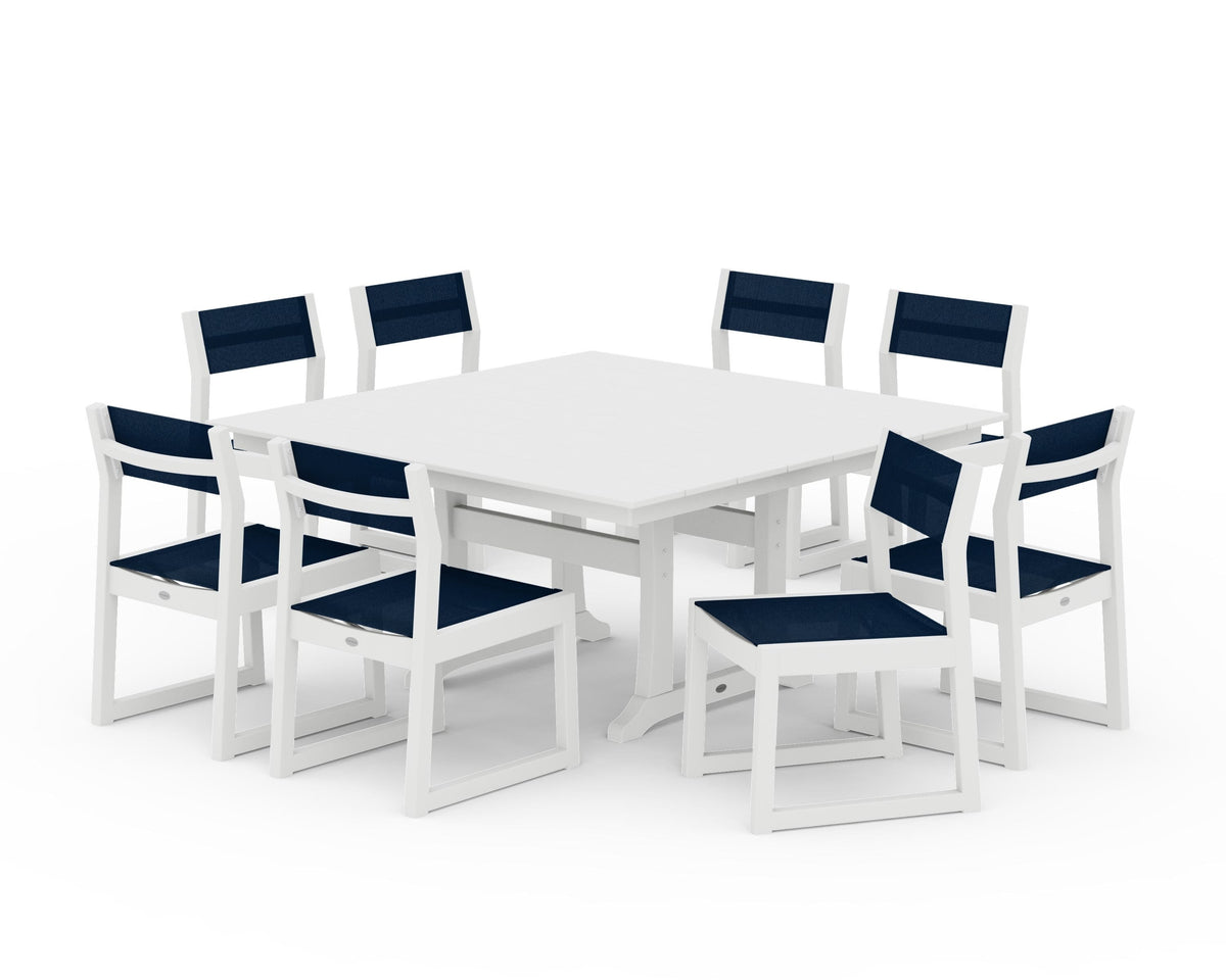 POLYWOOD EDGE Sling Side Chair 9-Piece Farmhouse Trestle Dining Set in White / Navy Blue