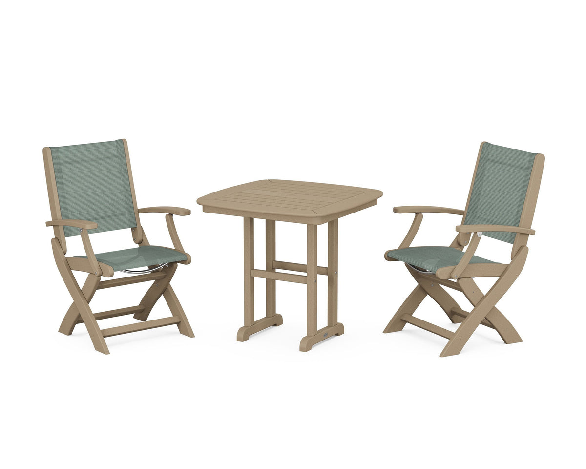 POLYWOOD Coastal Folding Chair 3-Piece Dining Set in Vintage Sahara / Dupioni Sea Mist