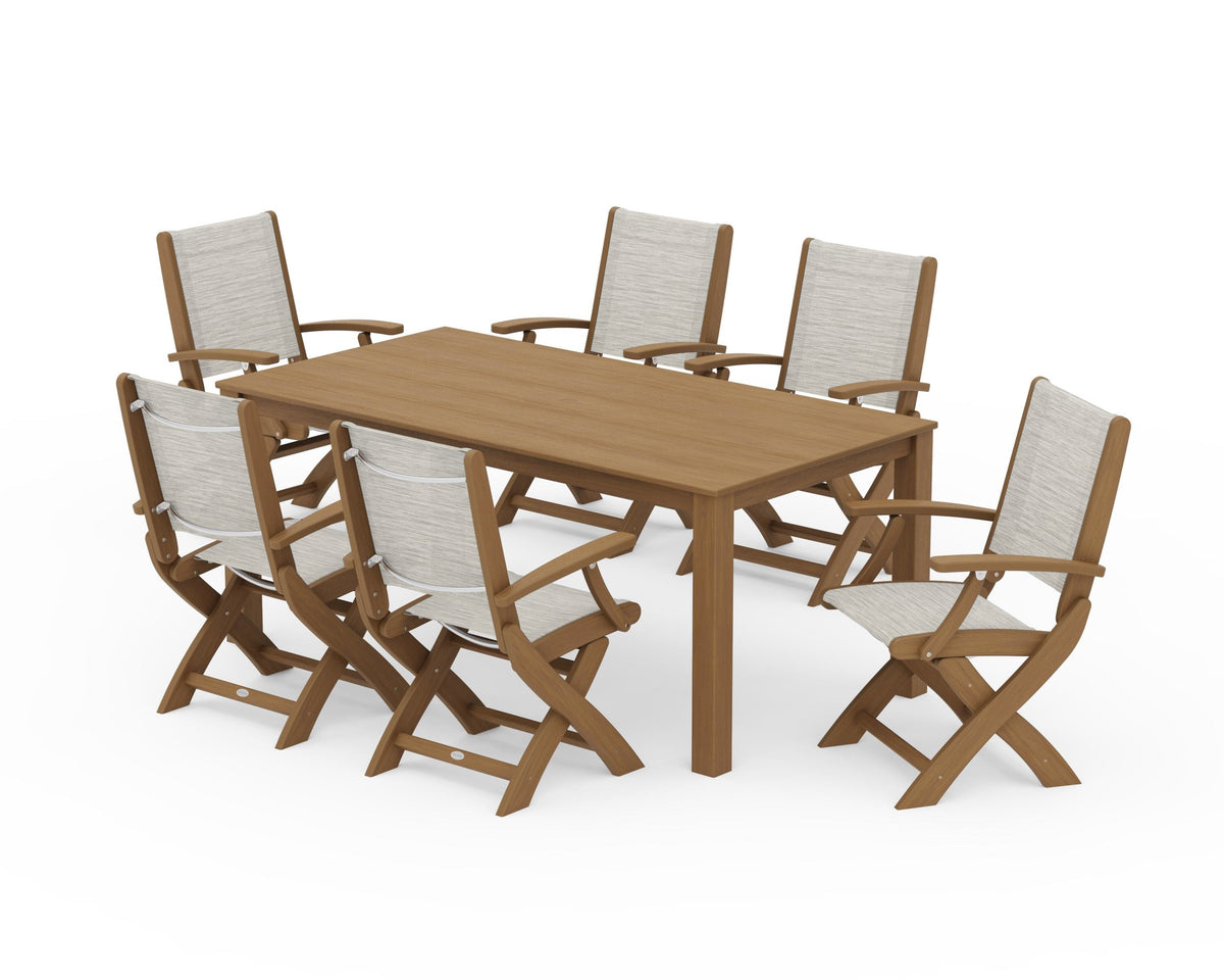 POLYWOOD Coastal Folding Chair 7-Piece Parsons Dining Set in Natural / Birch