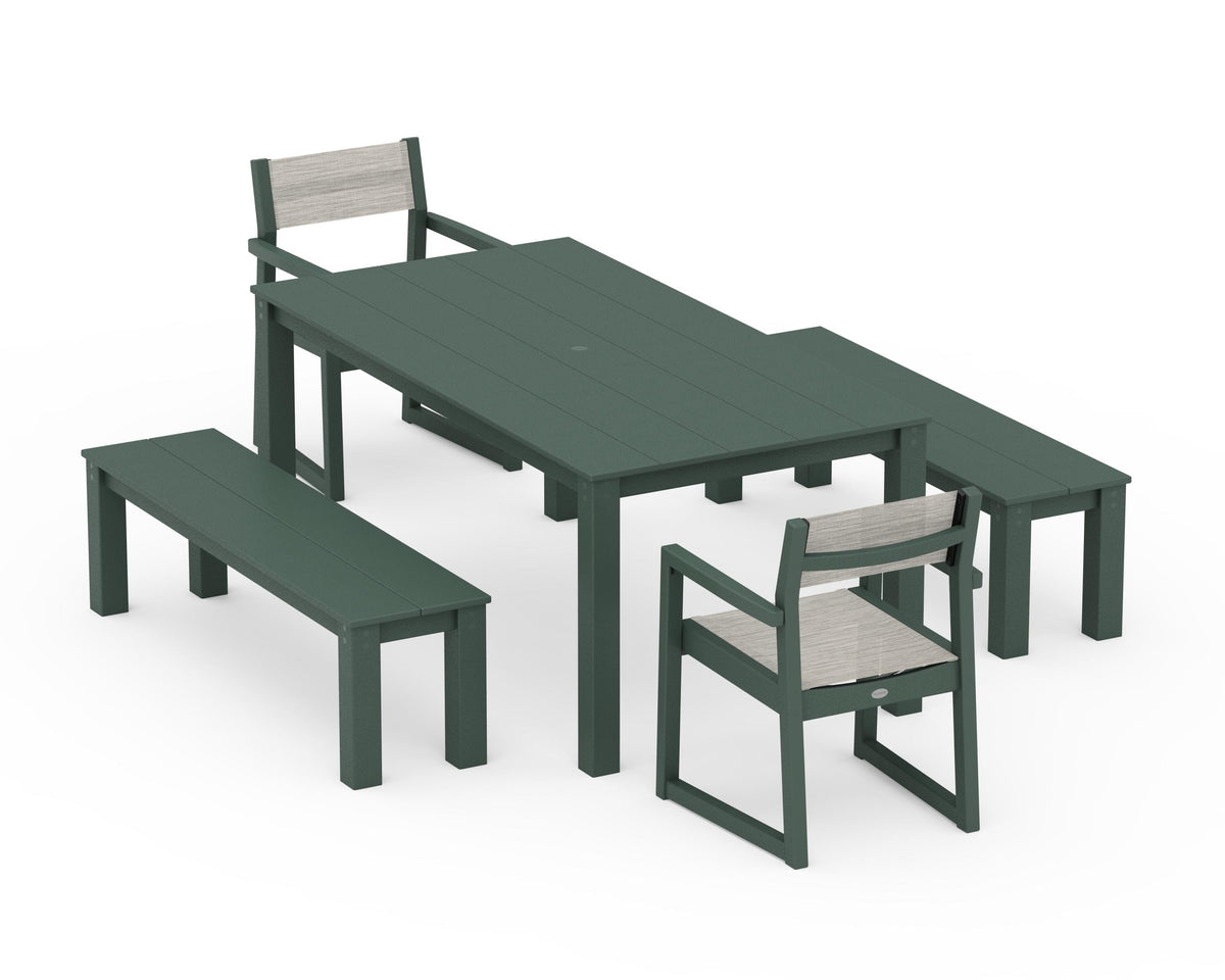 POLYWOOD EDGE Sling Arm Chair 5-Piece Parsons Dining Set with Benches in Green / Birch