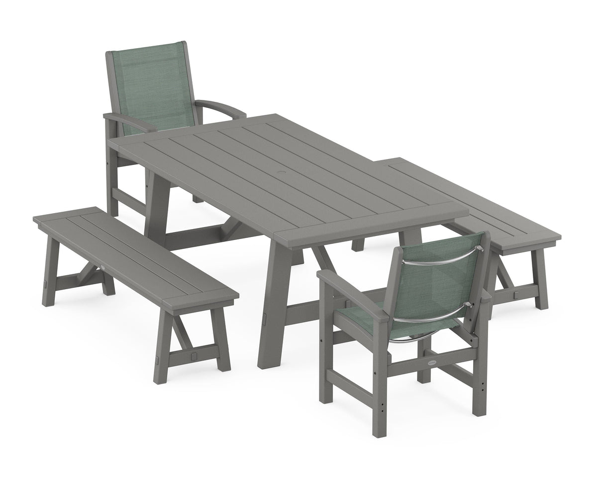 POLYWOOD Coastal 5-Piece Rustic Farmhouse Dining Set With Benches in Slate Grey / Dupioni Sea Mist