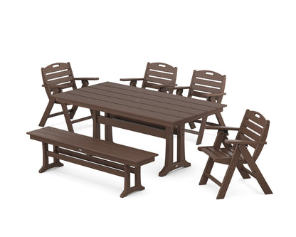 POLYWOOD Nautical Lowback 6-Piece Farmhouse Dining Set with Trestle Legs and Bench in Mahogany