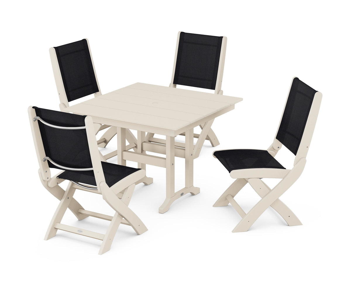 POLYWOOD Coastal Folding Side Chair 5-Piece Farmhouse Dining Set in Sand / Black