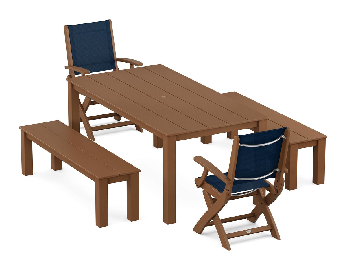 POLYWOOD Coastal Folding Chair 5-Piece Parsons Dining Set with Benches in Teak / Navy Blue