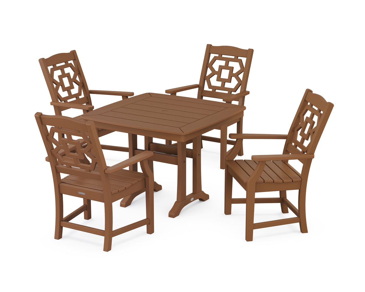 POLYWOOD Chinoiserie 5-Piece Dining Set with Trestle Legs in Teak