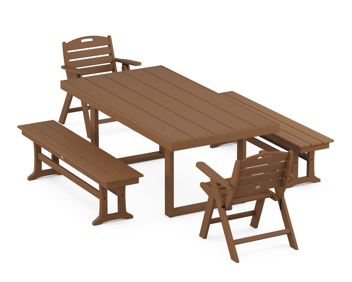 POLYWOOD Nautical Lowback 5-Piece Dining Set with Benches - 39" x 78" Table in Teak