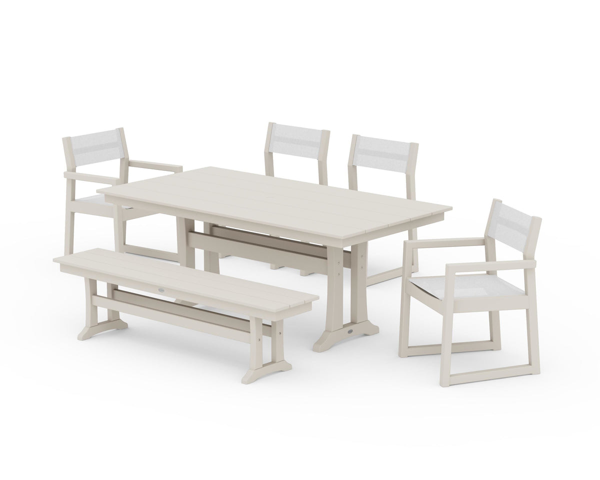 POLYWOOD EDGE Sling 6-Piece Farmhouse Dining Set With Trestle Legs in Sand / White