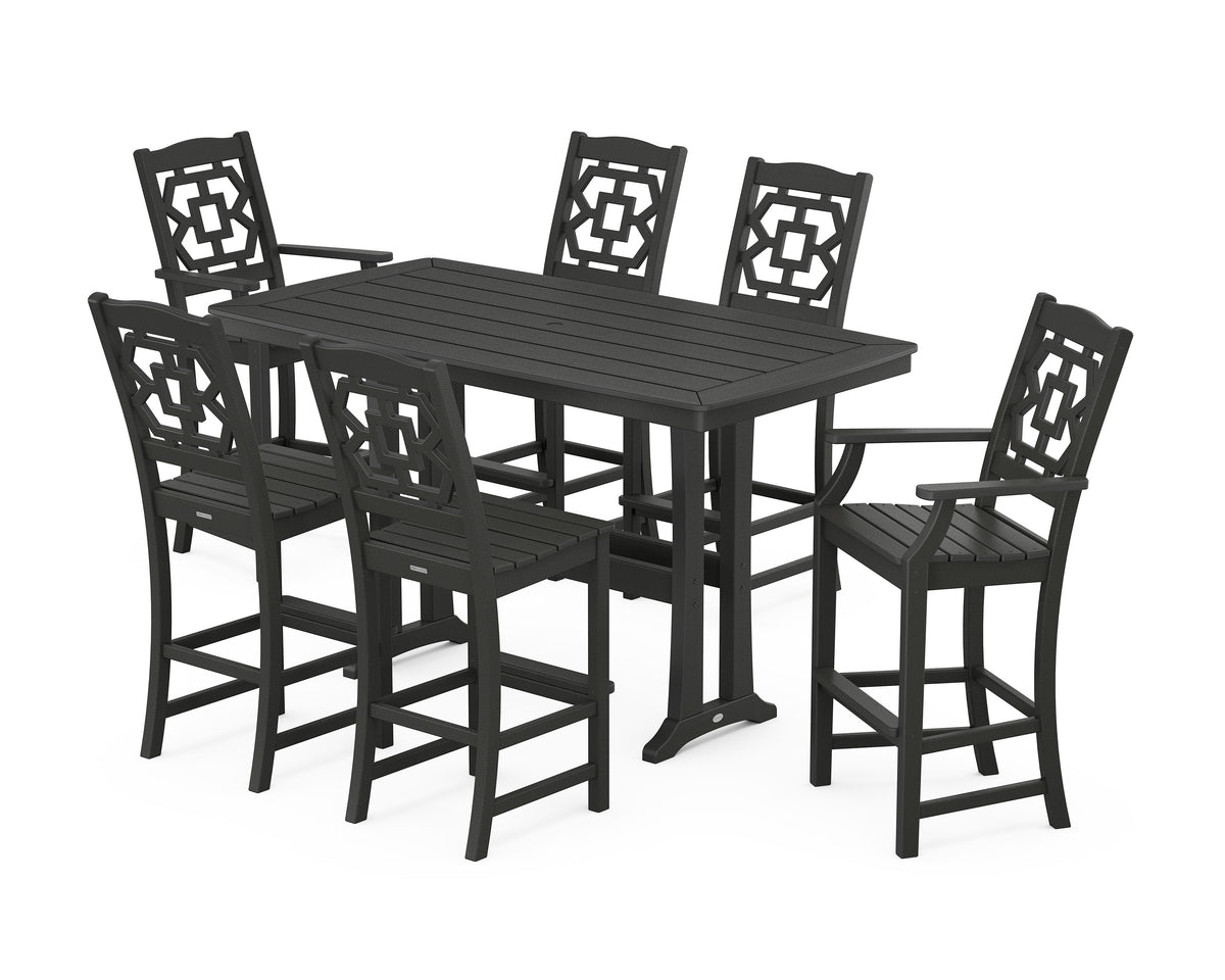 POLYWOOD Chinoiserie 7-Piece Bar Set with Trestle Legs in Black