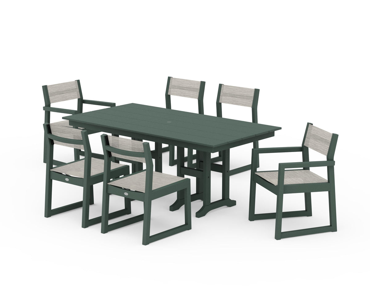 POLYWOOD EDGE Sling 7-Piece Farmhouse Dining Set in Green / Birch