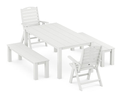 POLYWOOD Nautical Folding Highback Chair 5-Piece Parsons Dining Set with Benches in White
