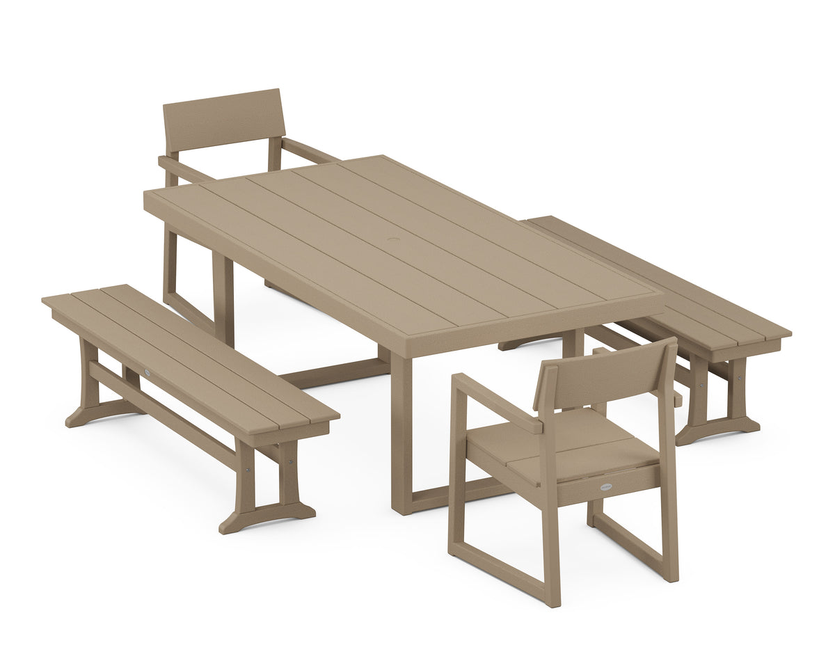 POLYWOOD EDGE 5-Piece Dining Set with Benches (EDGE 40" x 78" Table) in Vintage Sahara