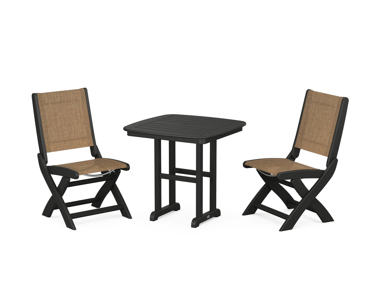 POLYWOOD Coastal Folding Side Chair 3-Piece Dining Set in Black / Burlap