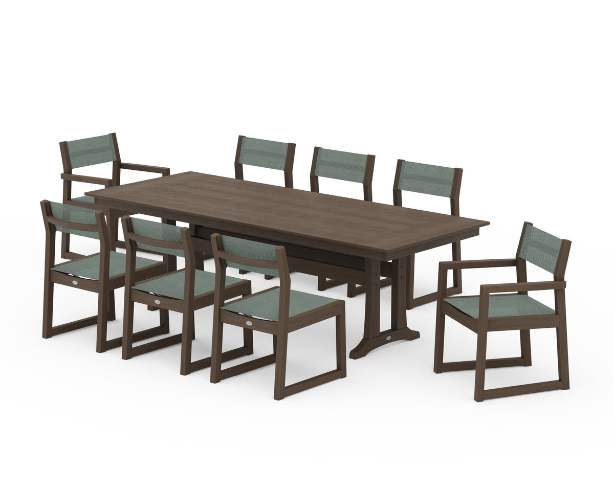 POLYWOOD EDGE Sling 9-Piece Farmhouse Trestle Dining Set in Kona / Dupioni Sea Mist