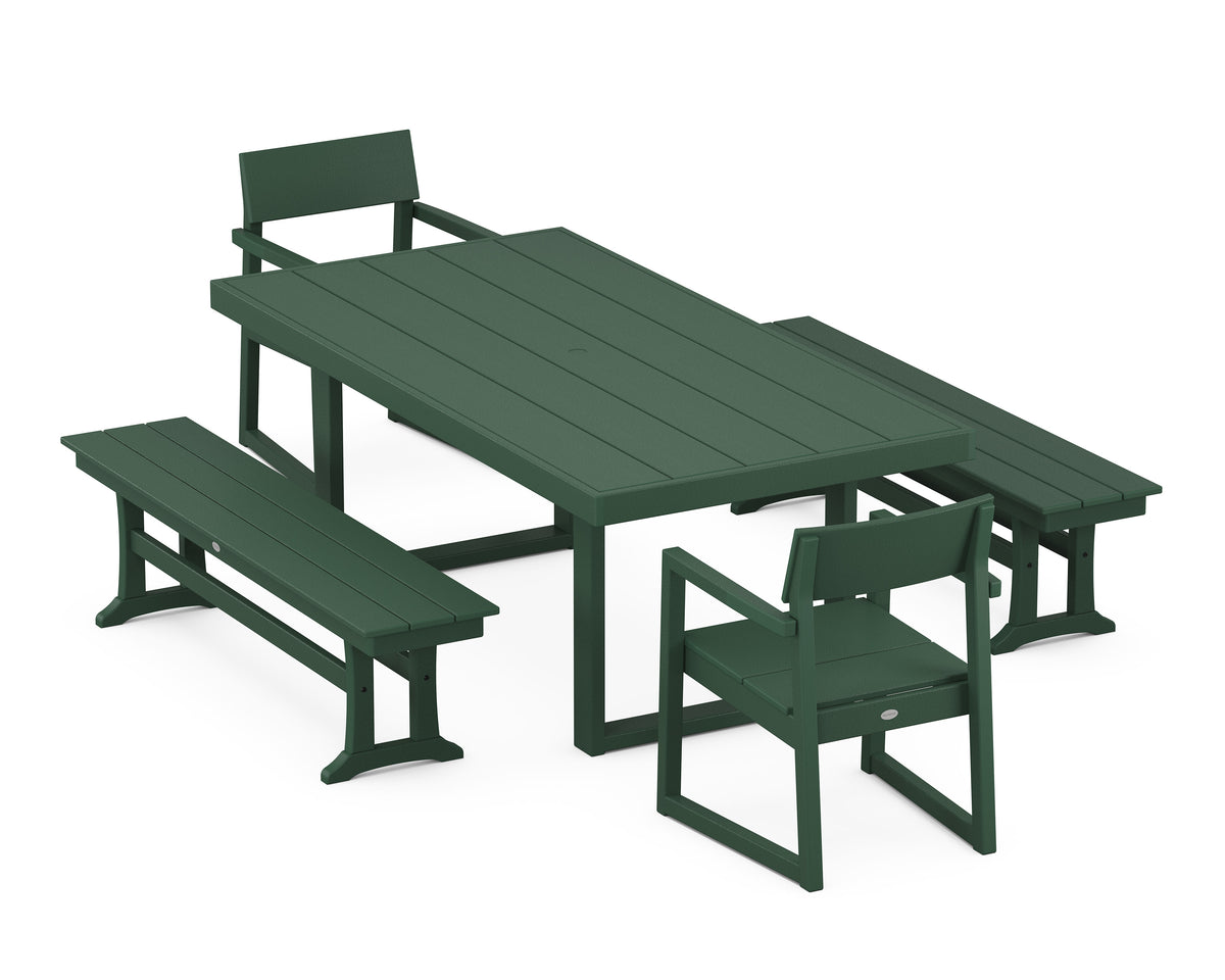 POLYWOOD EDGE 5-Piece Dining Set with Benches (EDGE 40" x 78" Table) in Green