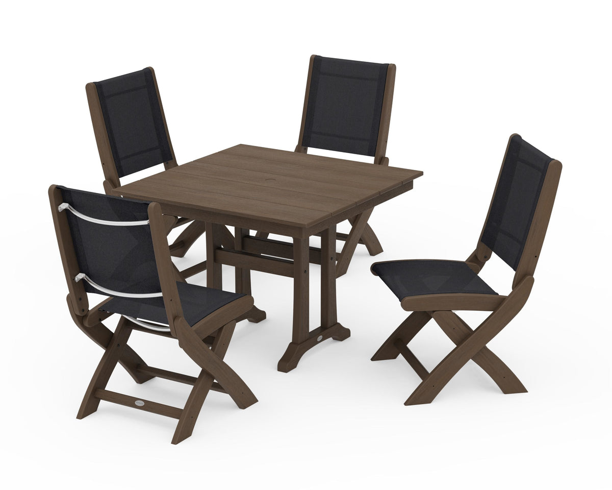 POLYWOOD Coastal Folding Side Chair 5-Piece Farmhouse Dining Set With Trestle Legs in Kona / Black