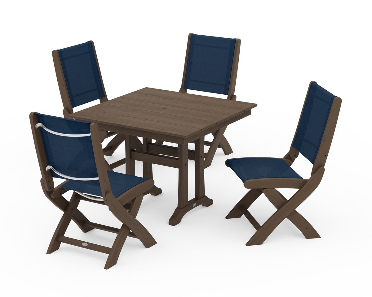 POLYWOOD Coastal Folding Side Chair 5-Piece Farmhouse Dining Set With Trestle Legs in Kona / Navy Blue