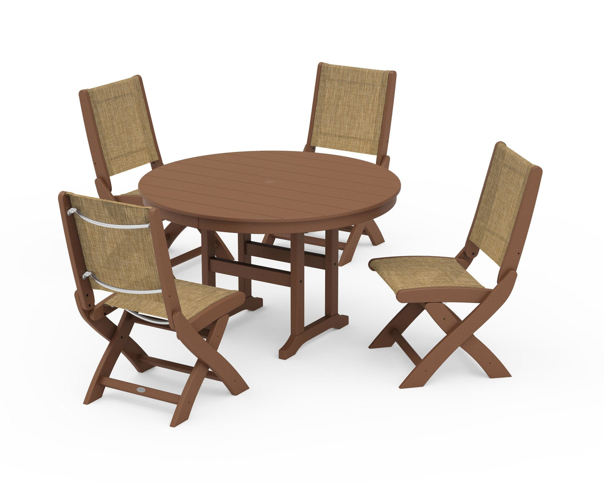 POLYWOOD Coastal Folding Side Chair 5-Piece Round Dining Set in Teak / Burlap