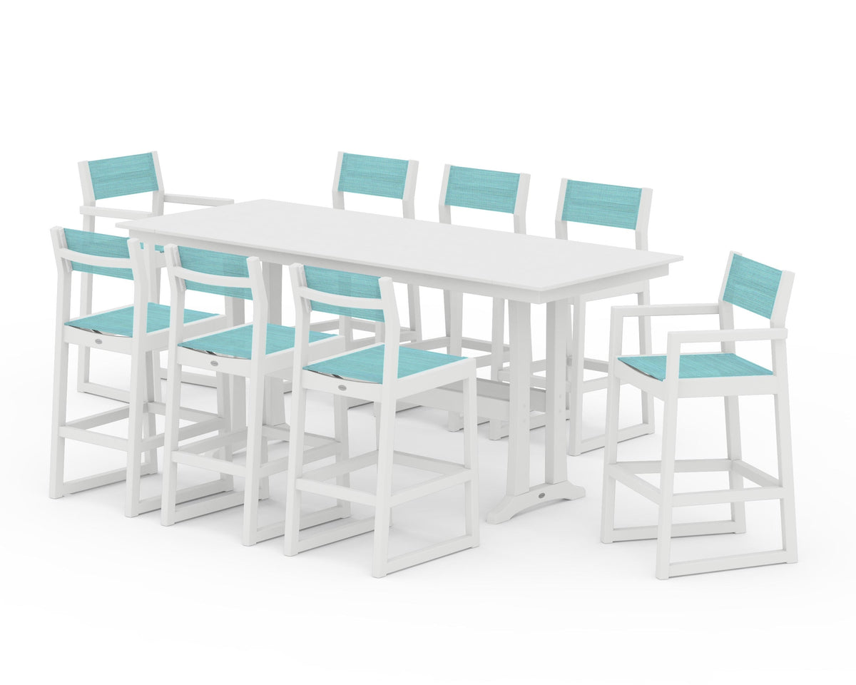 POLYWOOD EDGE Sling 9-Piece Farmhouse Bar Set with Trestle Legs in White / Dupioni Aquamarine