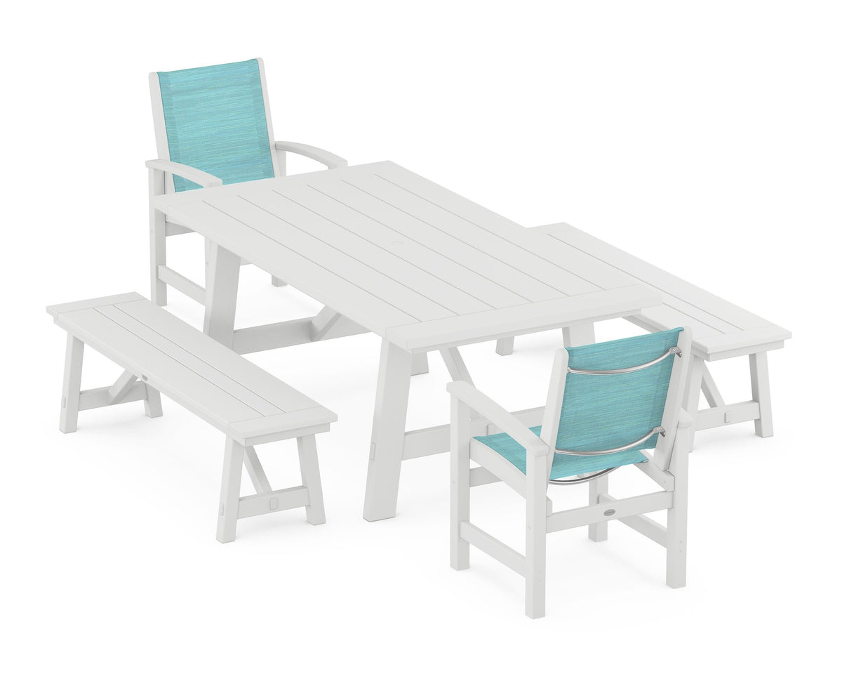 POLYWOOD Coastal 5-Piece Rustic Farmhouse Dining Set With Benches in White / Dupioni Aquamarine