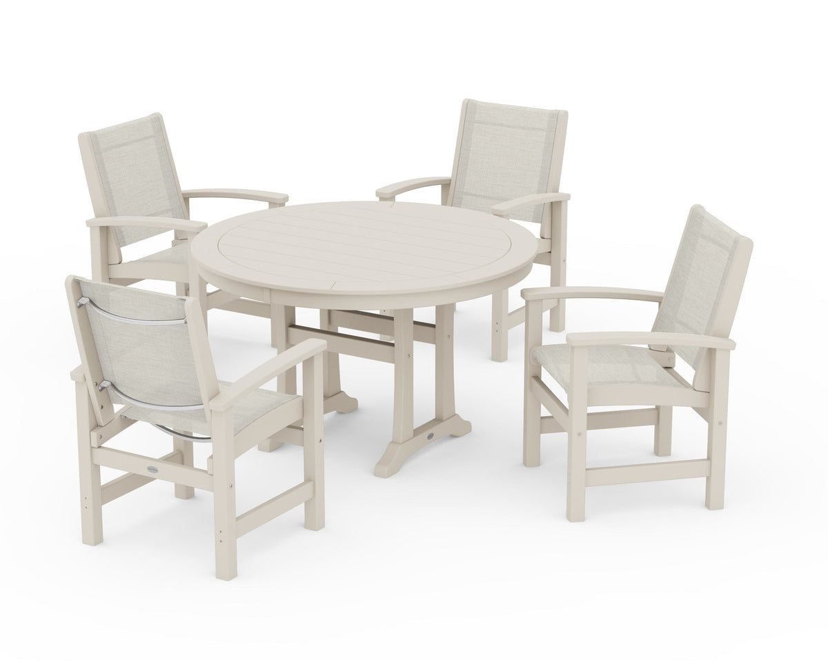POLYWOOD Coastal 5-Piece Round Dining Set with Trestle Legs in Sand / Parchment