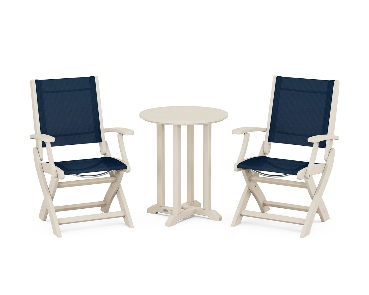 POLYWOOD Coastal Folding 3-Piece Round Bistro Dining Set in Sand / Navy Blue