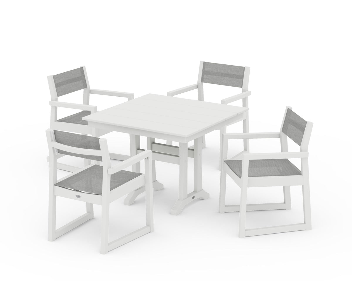 POLYWOOD EDGE Sling 5-Piece Farmhouse Dining Set with Trestle Legs in Vintage White / Metallic