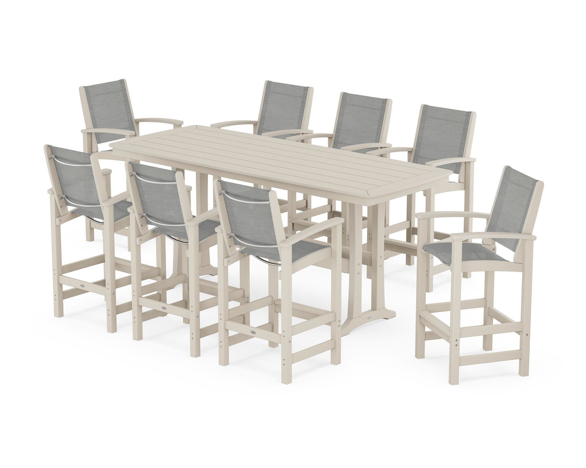 POLYWOOD Coastal 9-Piece Bar Set with Trestle Legs in Sand / Metallic