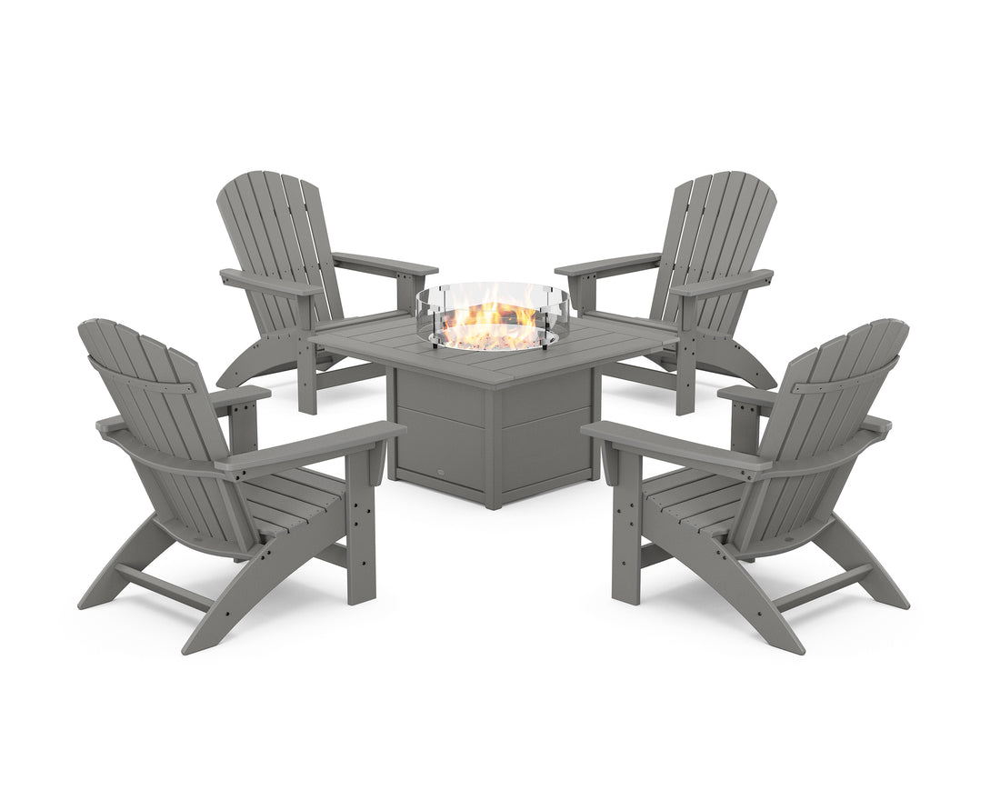 POLYWOOD 5-Piece Nautical Grand Adirondack Conversation Set with Fire Pit Table in Slate Grey