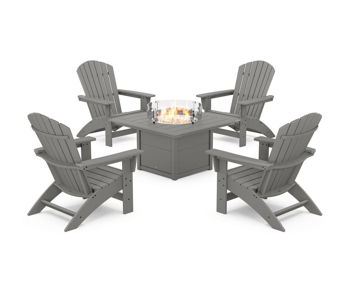 POLYWOOD 5-Piece Nautical Grand Adirondack Conversation Set with Fire Pit Table in Slate Grey