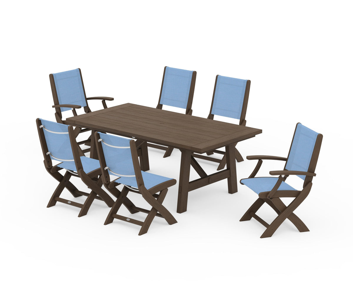 POLYWOOD Coastal Folding Chair 7-Piece Rustic Farmhouse Dining Set in Kona / Poolside