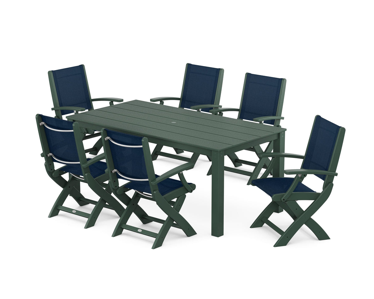 POLYWOOD Coastal Folding Chair 7-Piece Parsons Dining Set in Green / Navy Blue