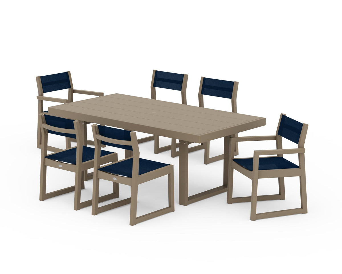POLYWOOD EDGE Sling 7-Piece Dining Set in Vintage Sahara / Navy Blue