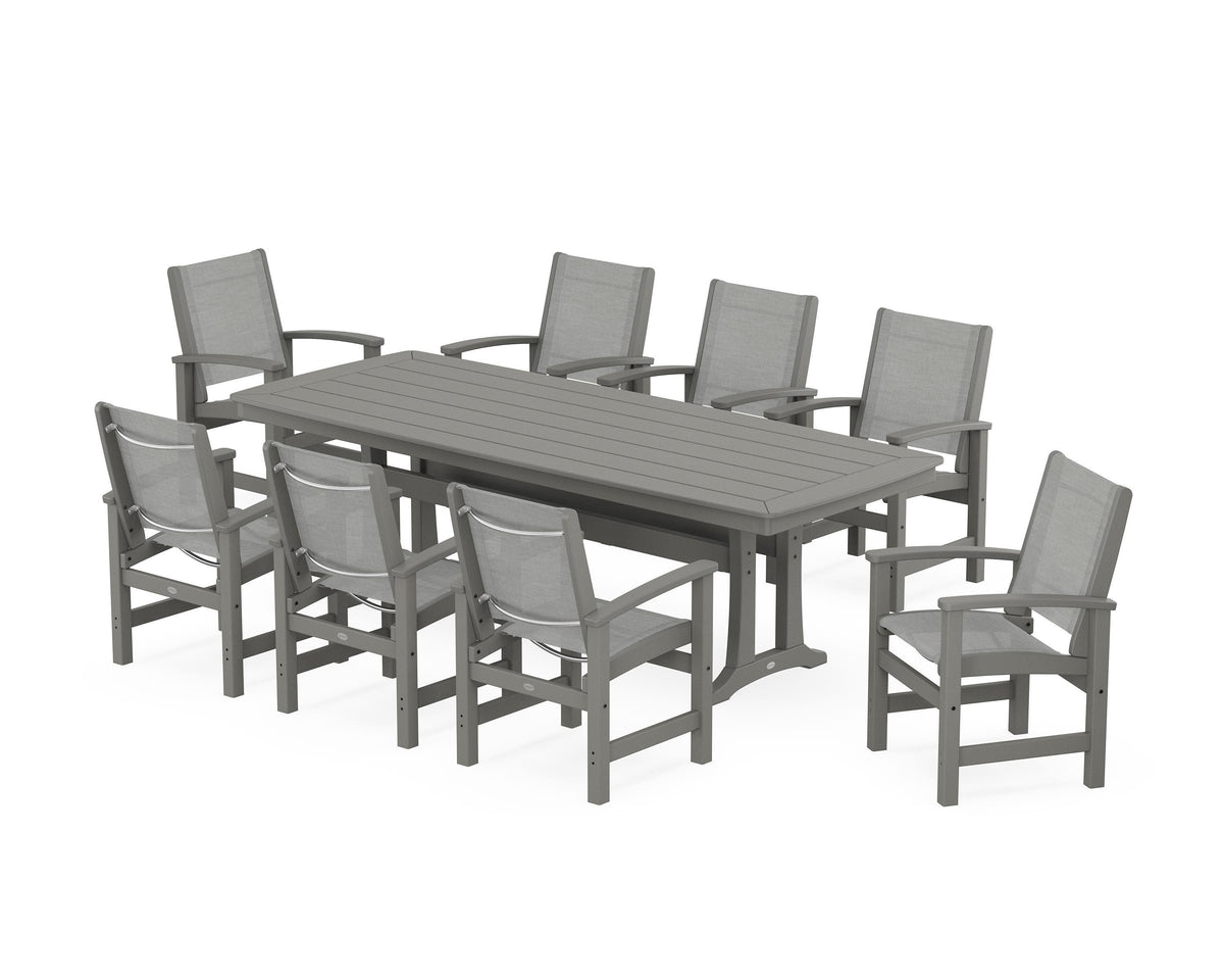POLYWOOD Coastal 9-Piece Dining Set with Trestle Legs in Slate Grey / Metallic