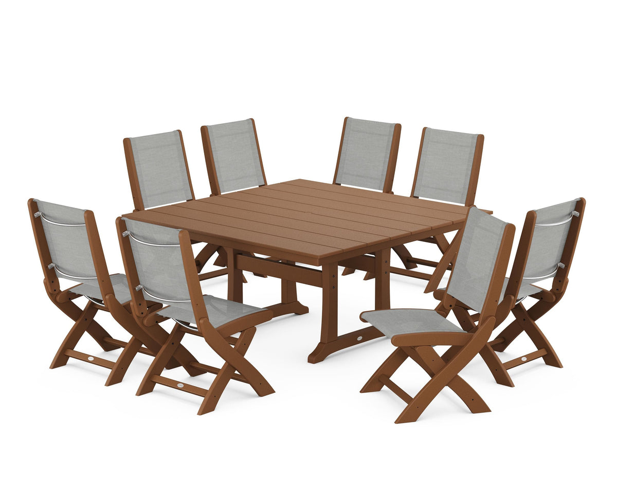 POLYWOOD Coastal Folding Side Chair 9-Piece Farmhouse Dining Set in Teak / Metallic
