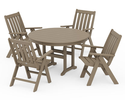 POLYWOOD Vineyard Folding Chair 5-Piece Round Farmhouse Dining Set in Vintage Sahara