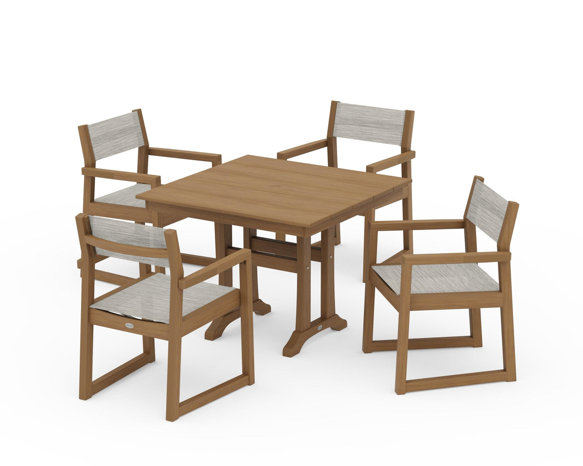 POLYWOOD EDGE Sling 5-Piece Farmhouse Dining Set with Trestle Legs in Natural / Birch