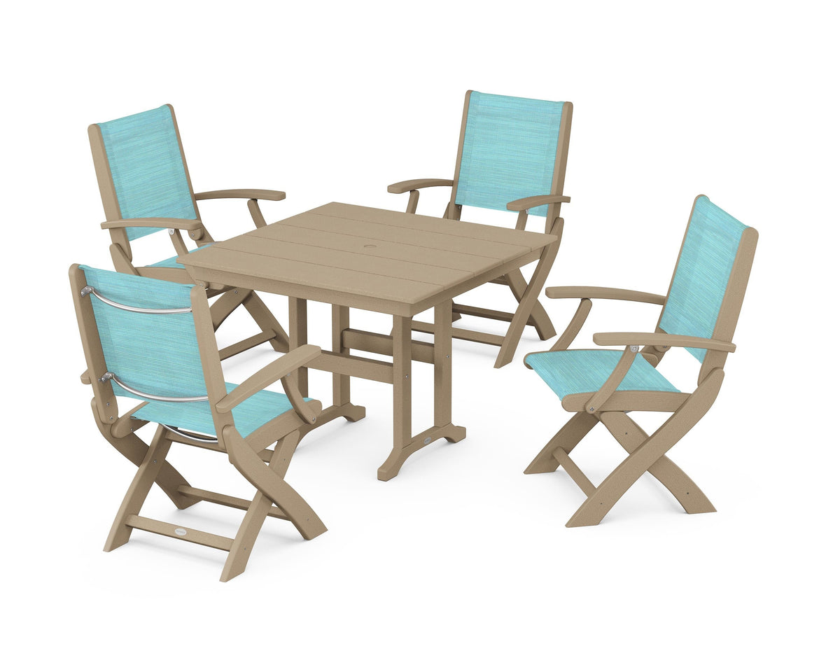 POLYWOOD Coastal Folding Chair 5-Piece Farmhouse Dining Set in Vintage Sahara / Dupioni Aquamarine