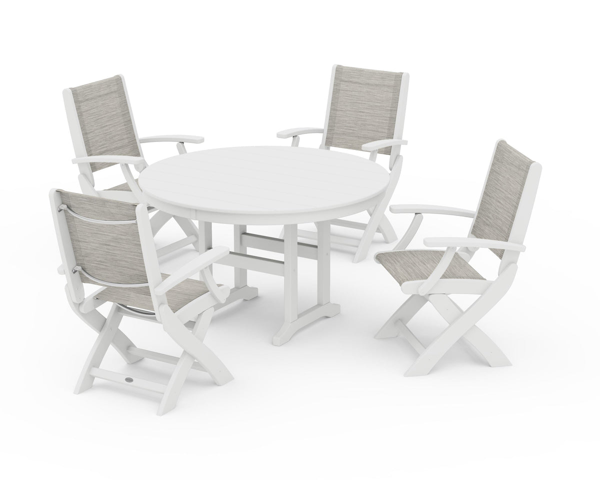 POLYWOOD Coastal Folding Chair 5-Piece Round Dining Set in White / Birch