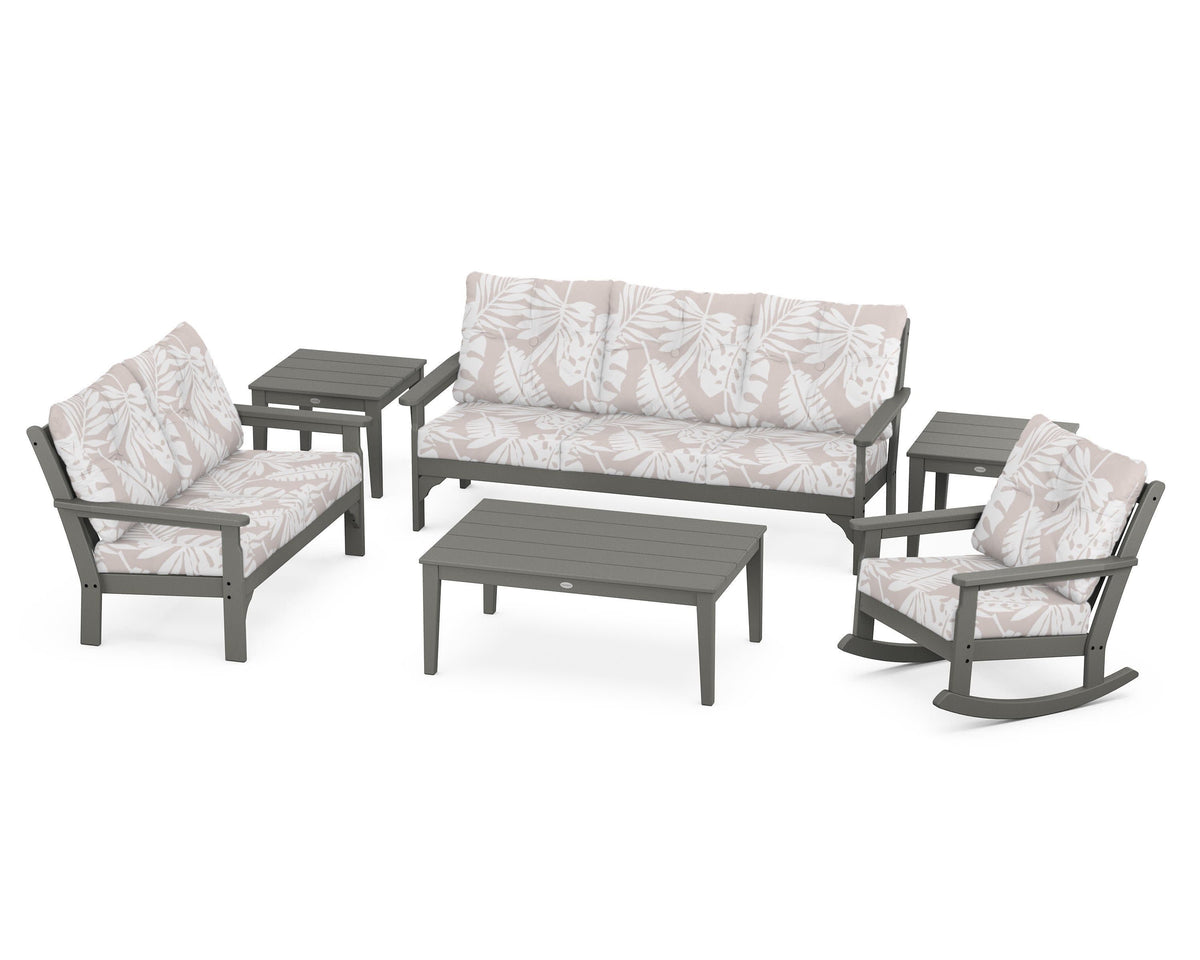 POLYWOOD Vineyard 6-Piece Deep Seating Set with Rocking Chair in Slate Grey / Leaf Dune Burlap