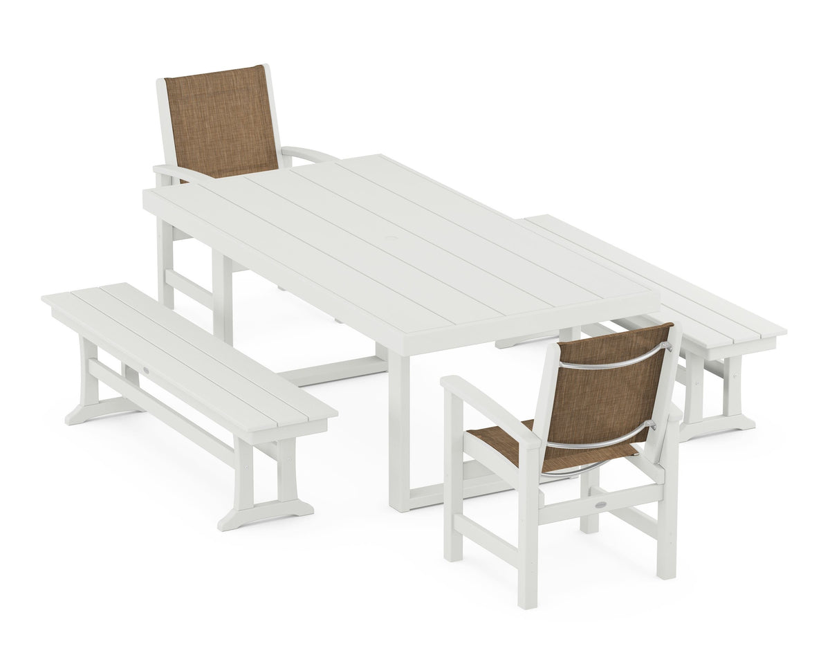 POLYWOOD Coastal 5-Piece Dining Set with Trestle Legs with EDGE 40" x 78" Dining Table in Vintage White / Burlap