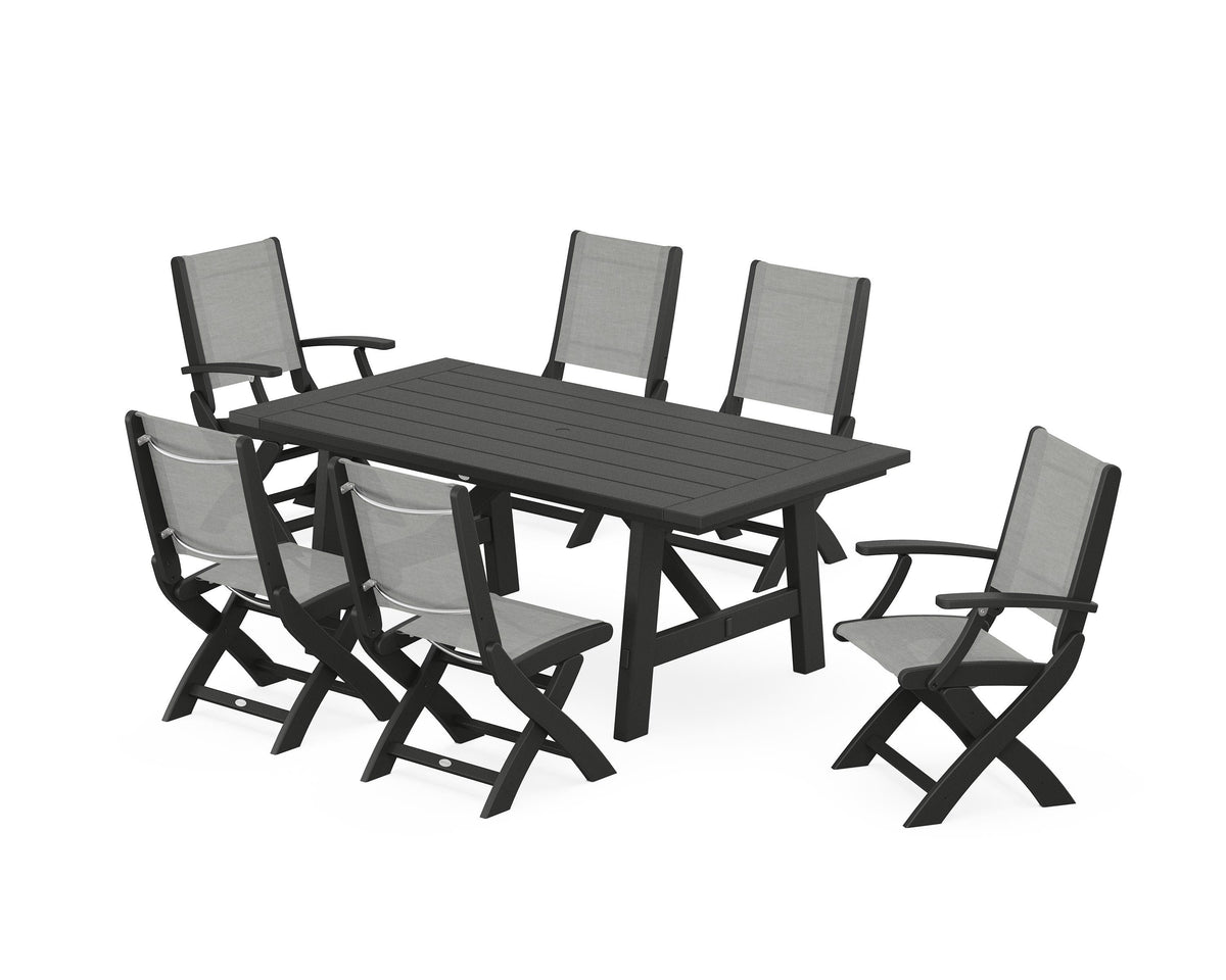 POLYWOOD Coastal Folding Chair 7-Piece Rustic Farmhouse Dining Set in Black / Metallic