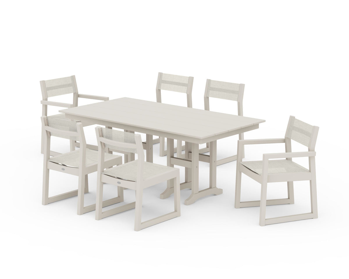 POLYWOOD EDGE Sling 7-Piece Farmhouse Dining Set in Sand / Parchment